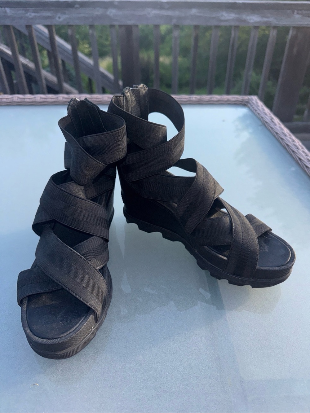 Sorel Black Elastic Strap Wedge Sandals-SZ 9 - Picture 2 of 5